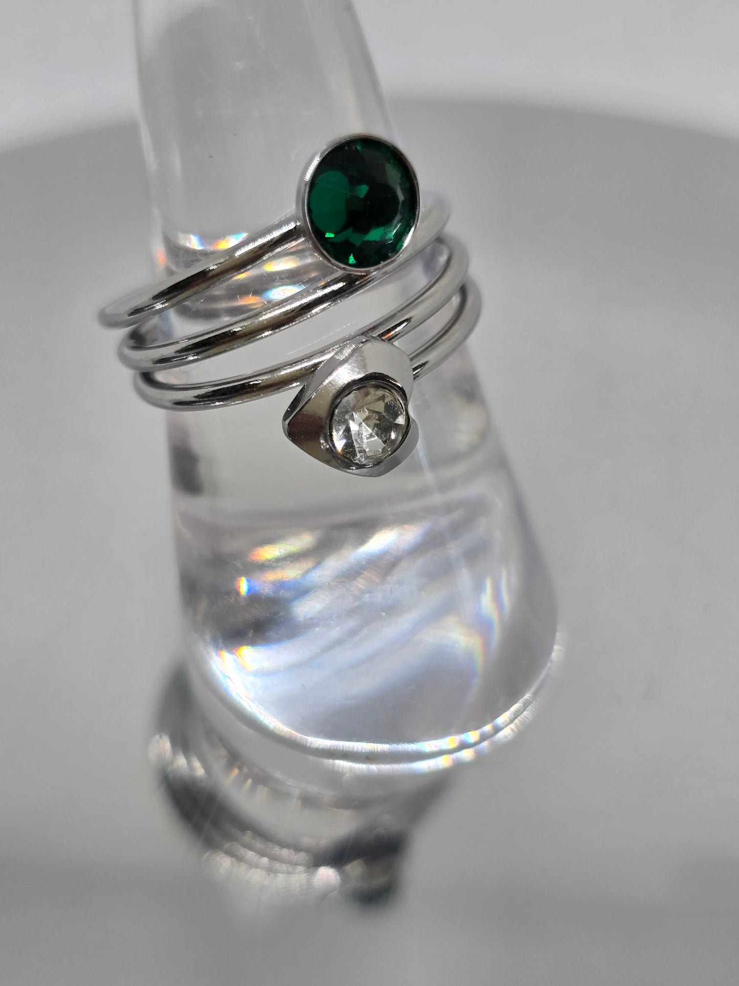 Green and clear stones silver ring - By Bianci