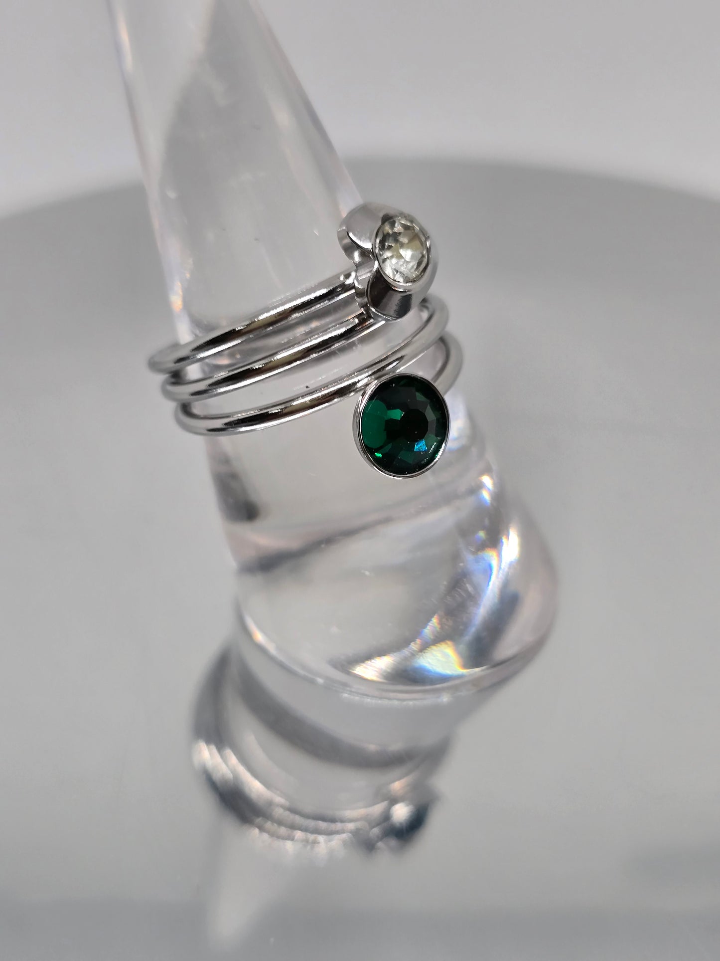 Green and clear stones silver ring - By Bianci