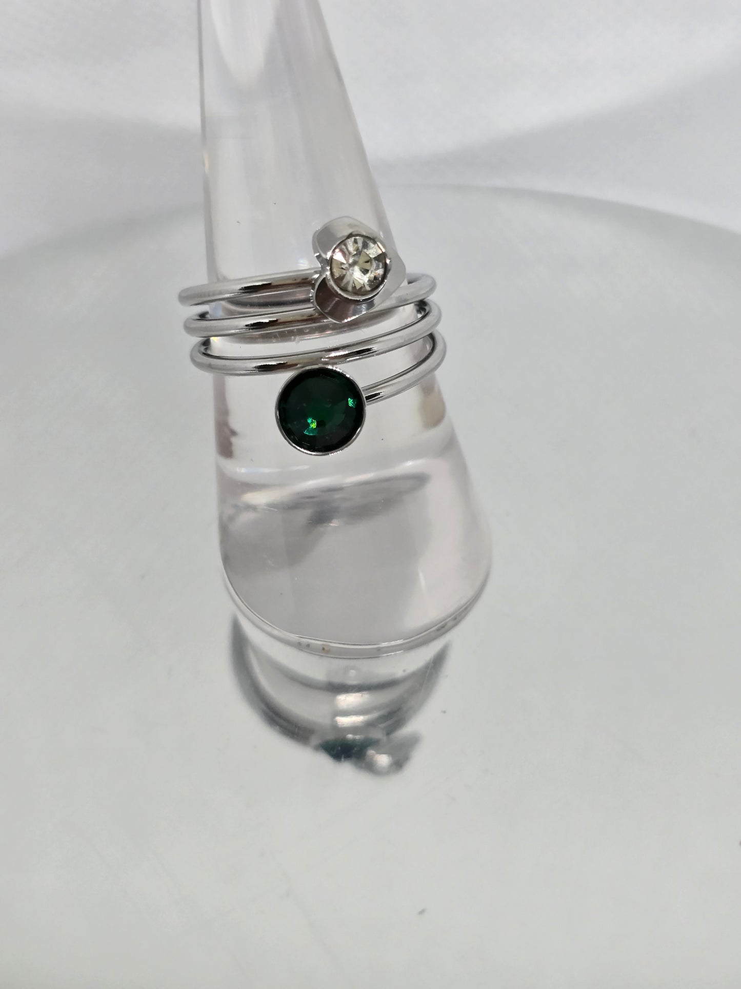 Green and clear stones silver ring - By Bianci