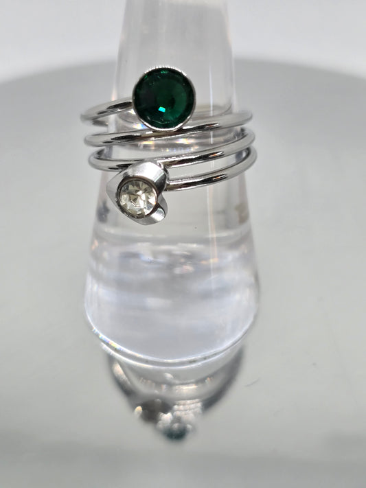 Green and clear stones silver ring - By Bianci