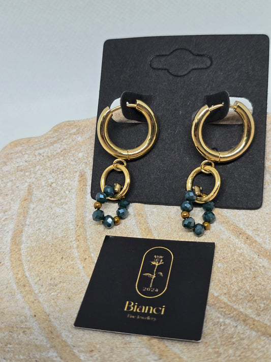 Gold circles with dark green beads earrings - By Bianci