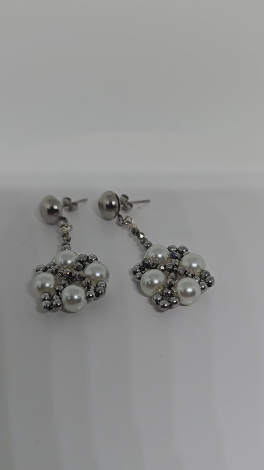 White pearl and grey beads earrings - By Bianci